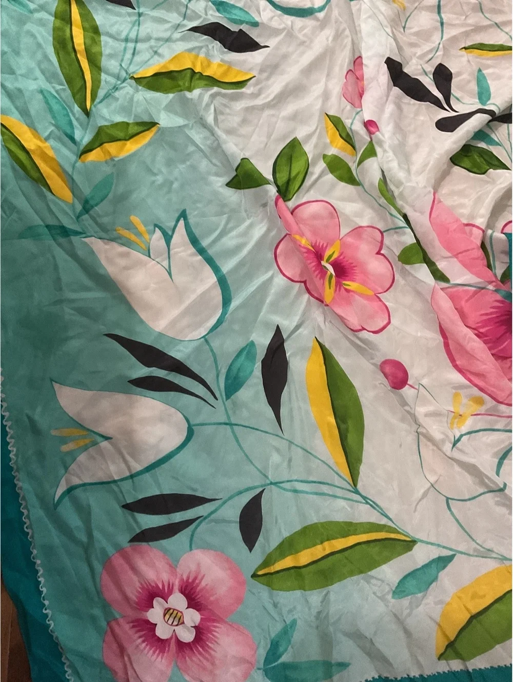 Adrienne Vittadini Floral Silk Scarf with Teal Border Vintage